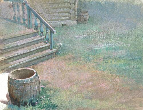 Бочка у ступенек крыльца
