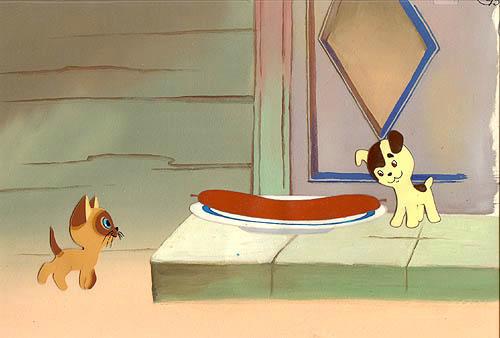 Котенок, щенок и сосиска