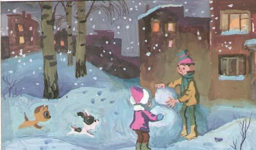 Дети лепят снежную бабу