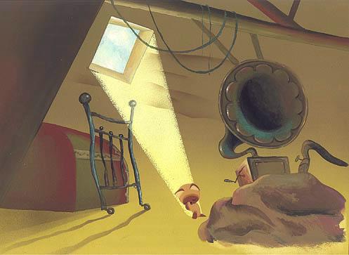 Котенок умывается на чердаке