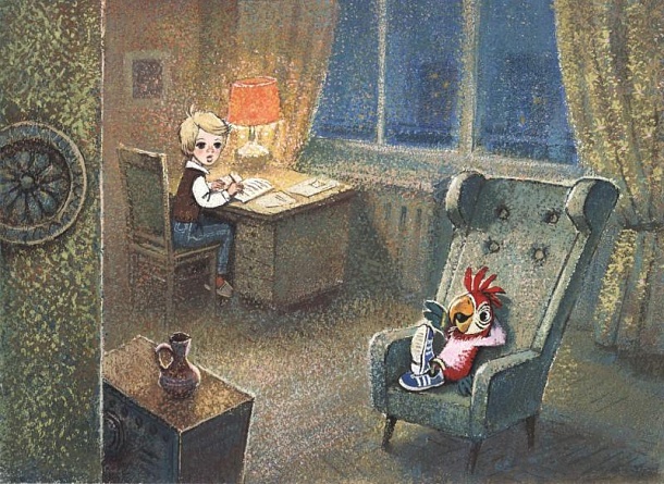 Вовка за столом и Кеша в кресле