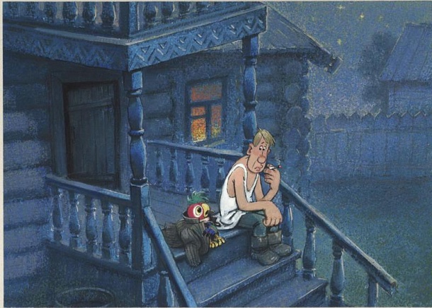 Тракторист Василий и Кеша на крыльце дома