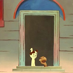 Шенок и котенок на крыльце