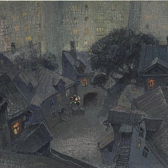 Летящий попугай во дворе дома