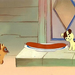 Котенок, щенок и сосиска