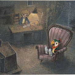 Вовка за столом и Кеша в кресле перед телевизором