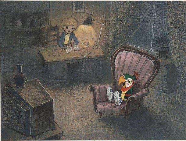 Вовка за столом и Кеша в кресле перед телевизором