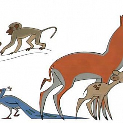 Лань с олененком, Обезьяны, Павлин