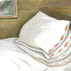 Кровать с четырьмя подушками