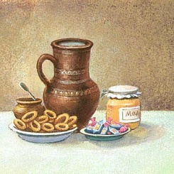 Крынка с молоком, сушки, конфеты, мед