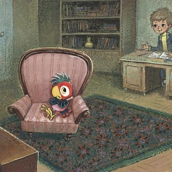 Вовка за столом и обиженный Кеша в кресле