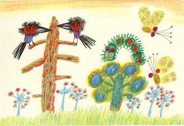 Гусеница, бабочки и две вороны