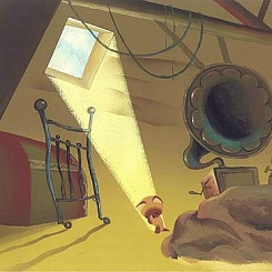 Котенок умывается на чердаке